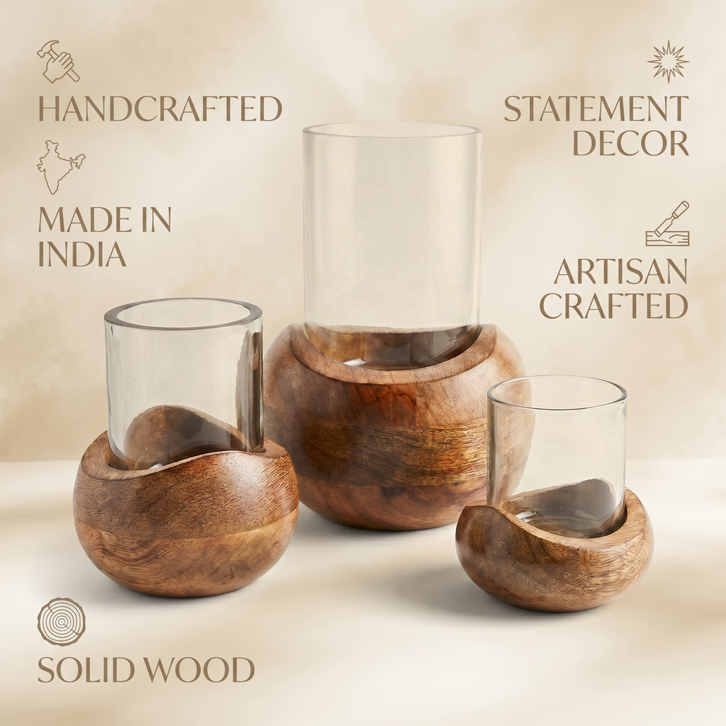 Wooden Candle Stand (Set of 3) | (S-11x10x10cm, M-14x11x11cm, L-22x15x15cm)