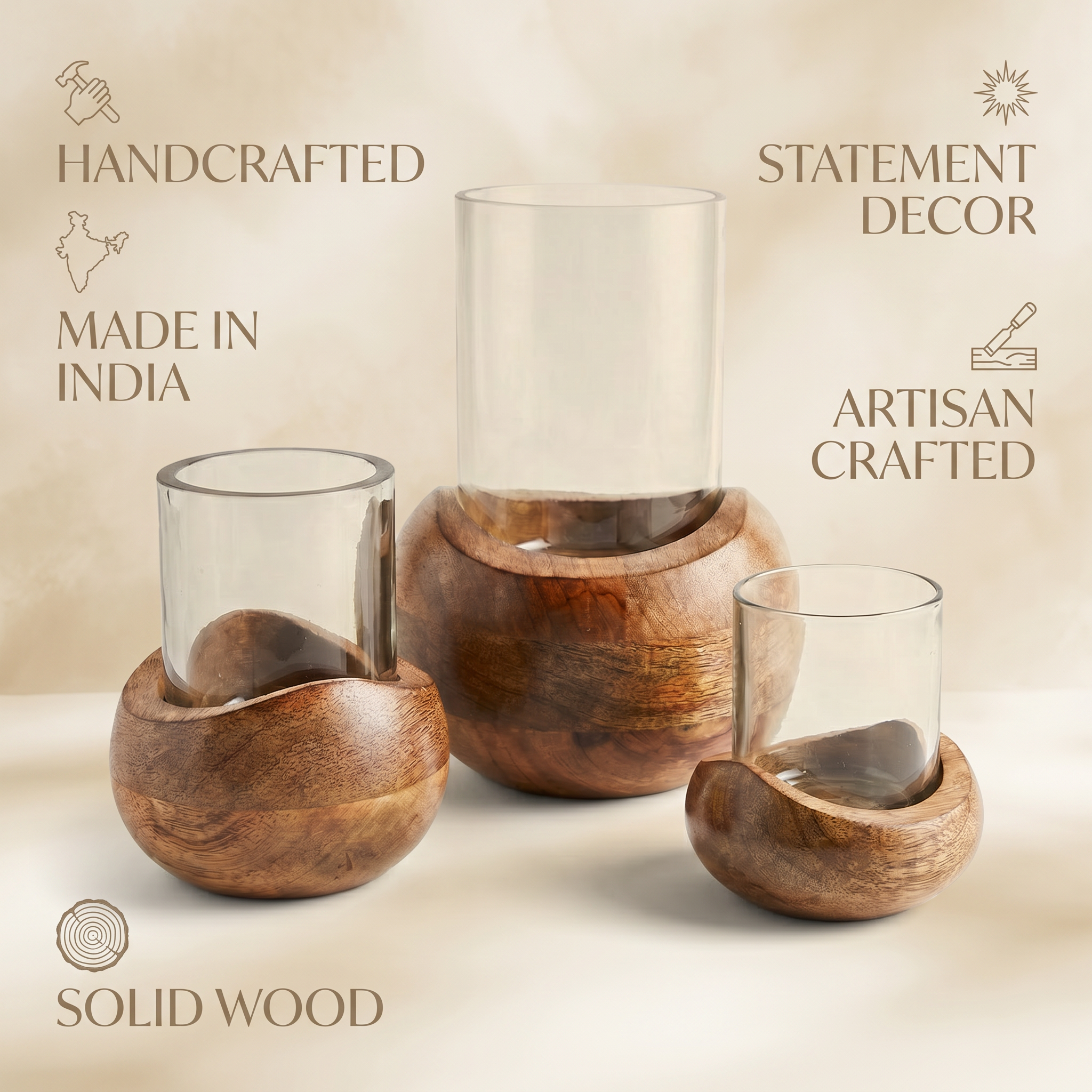 Wooden Candle Stand (Set of 3) | (S-11x10x10cm, M-14x11x11cm, L-22x15x15cm)