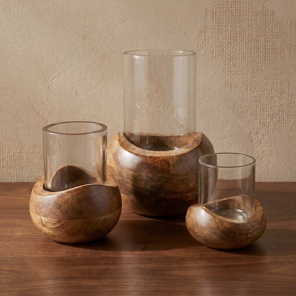 Wooden Candle Stand (Set of 3) | (S-11x10x10cm, M-14x11x11cm, L-22x15x15cm)