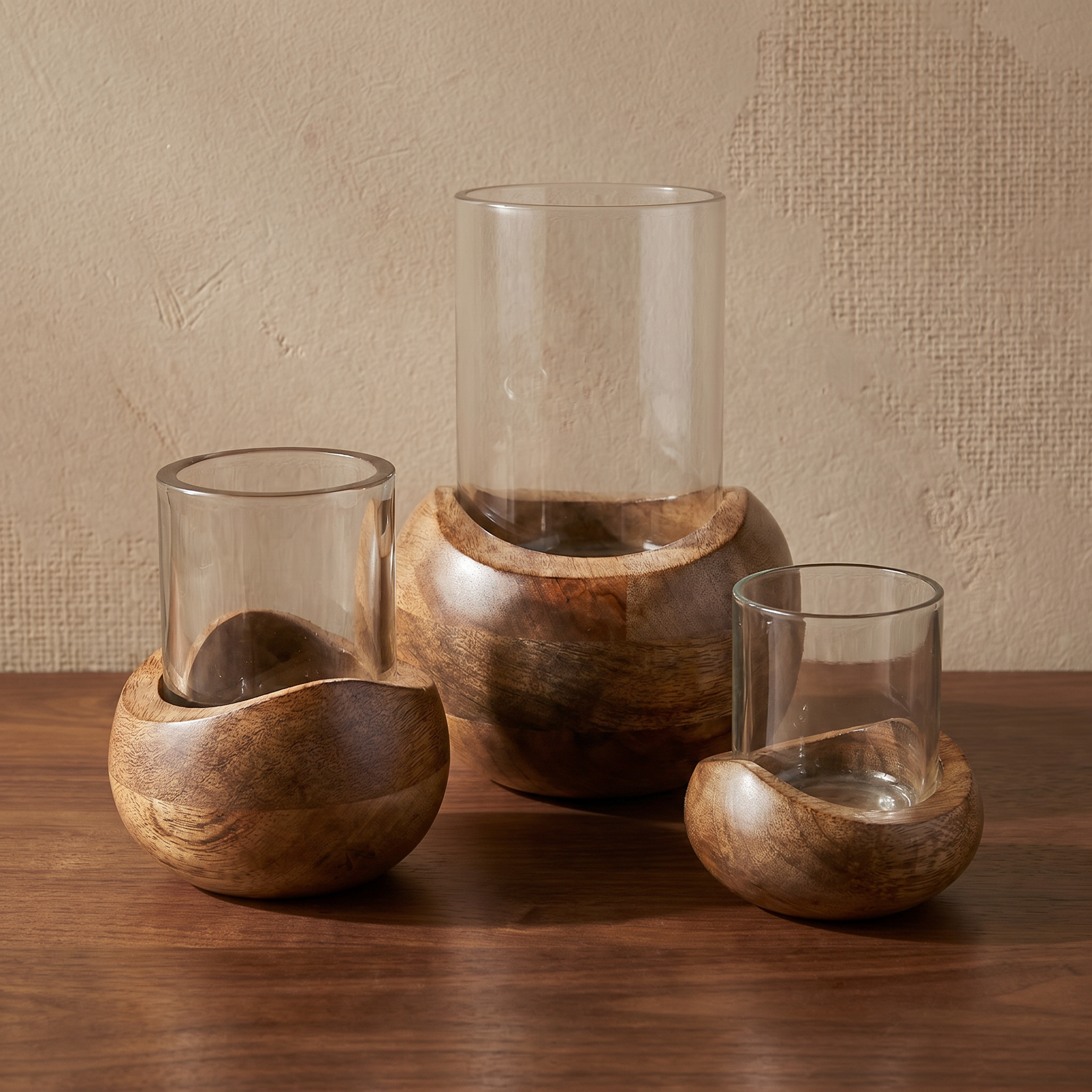 Wooden Candle Stand (Set of 3) | (S-11x10x10cm, M-14x11x11cm, L-22x15x15cm)