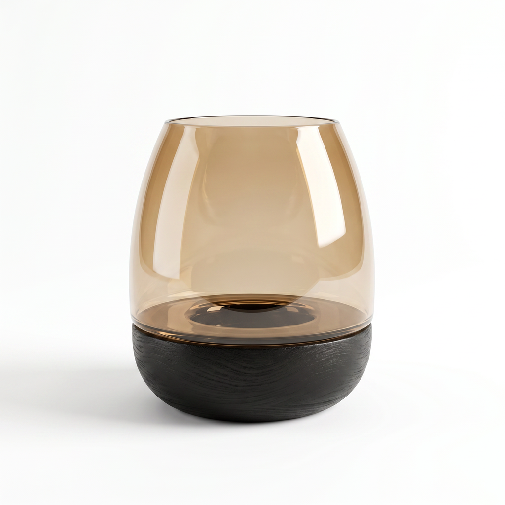 Hurricane Table Candle Stand | Wooden | Brown Glass - Black Base 15x15x18cm (Small)
