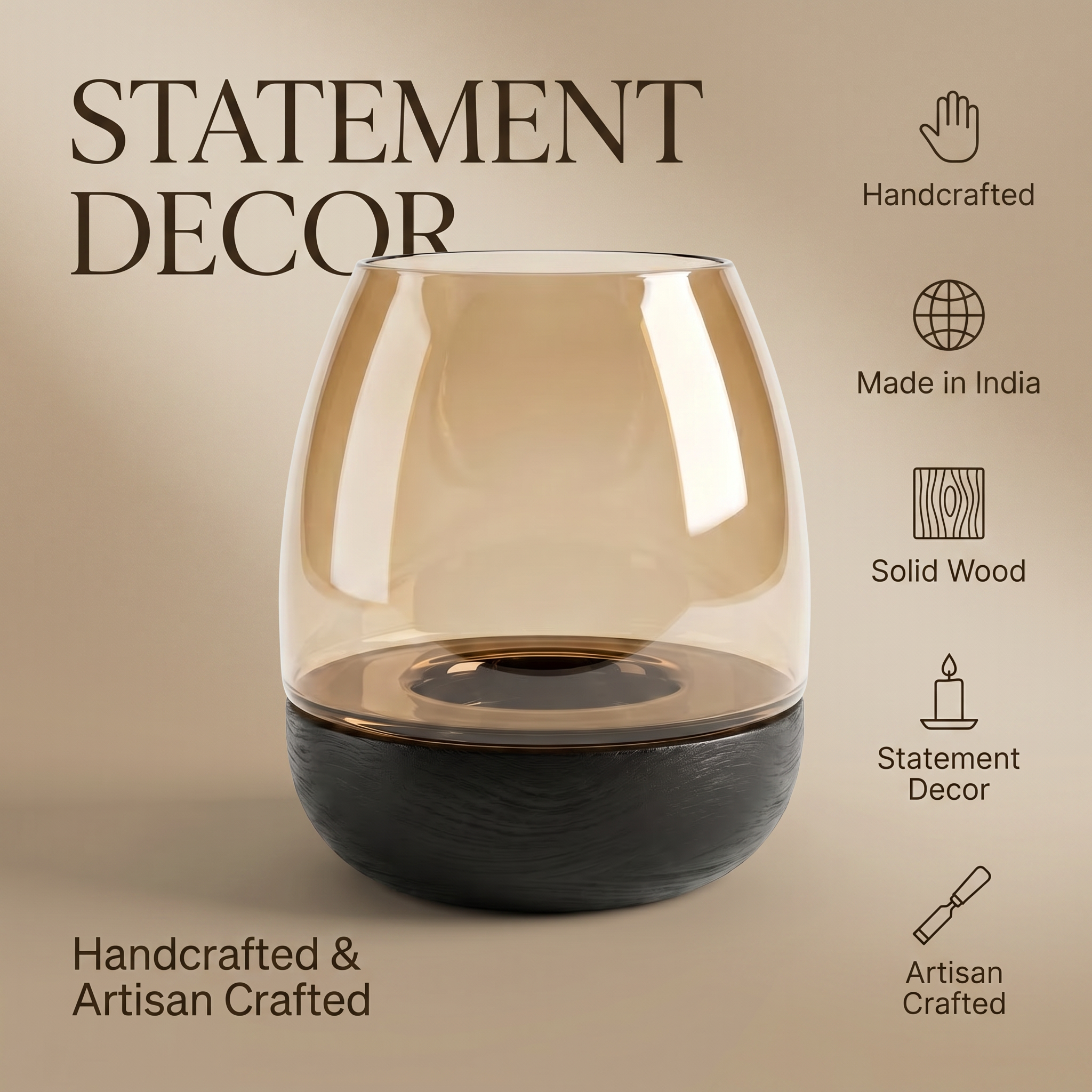 Hurricane Table Candle Stand | Wooden | Brown Glass - Black Base 15x15x18cm (Small)