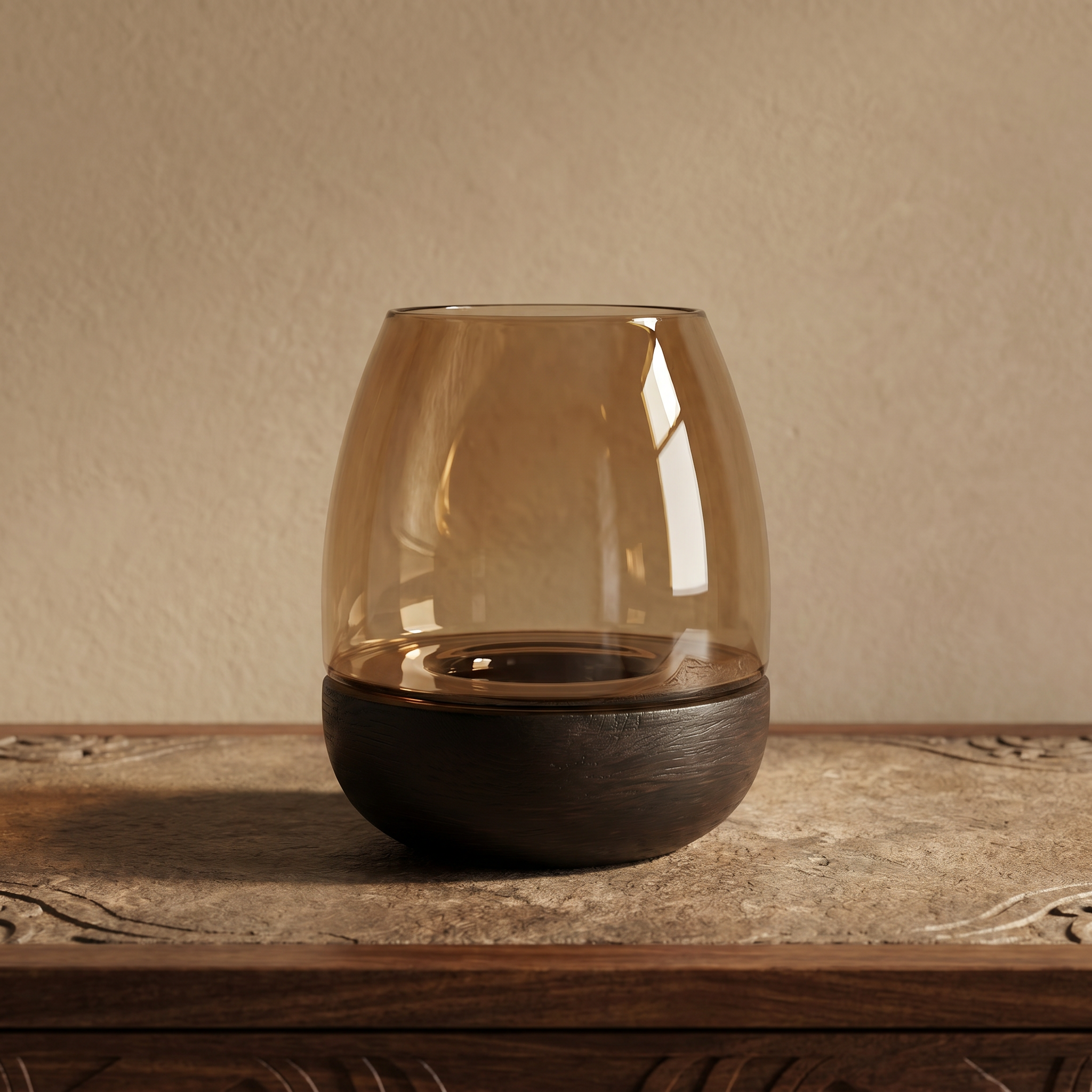 Hurricane Table Candle Stand | Wooden | Brown Glass - Black Base 15x15x18cm (Small)