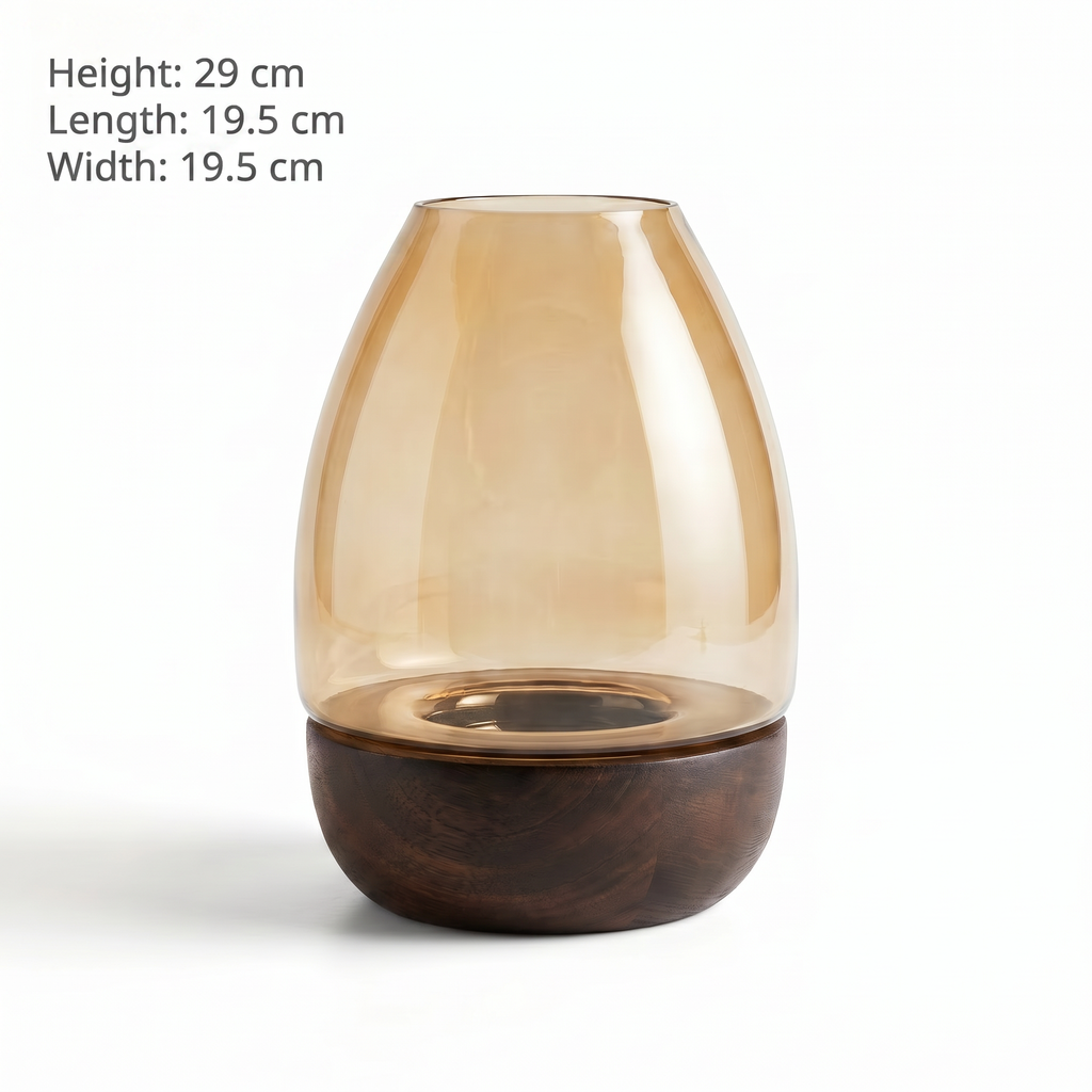 (Set of 2) Hurricane Table Candle Stand | Wooden | Brown Glass (L- 19.5x19.5x29cm; S- 15x15x18cm)