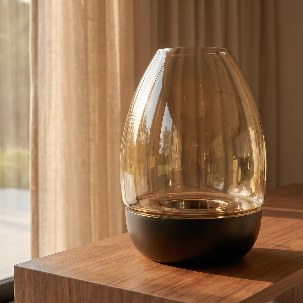 (Set of 2) Hurricane Table Candle Stand | Wooden | Brown Glass (L- 19.5x19.5x29cm; S- 15x15x18cm)