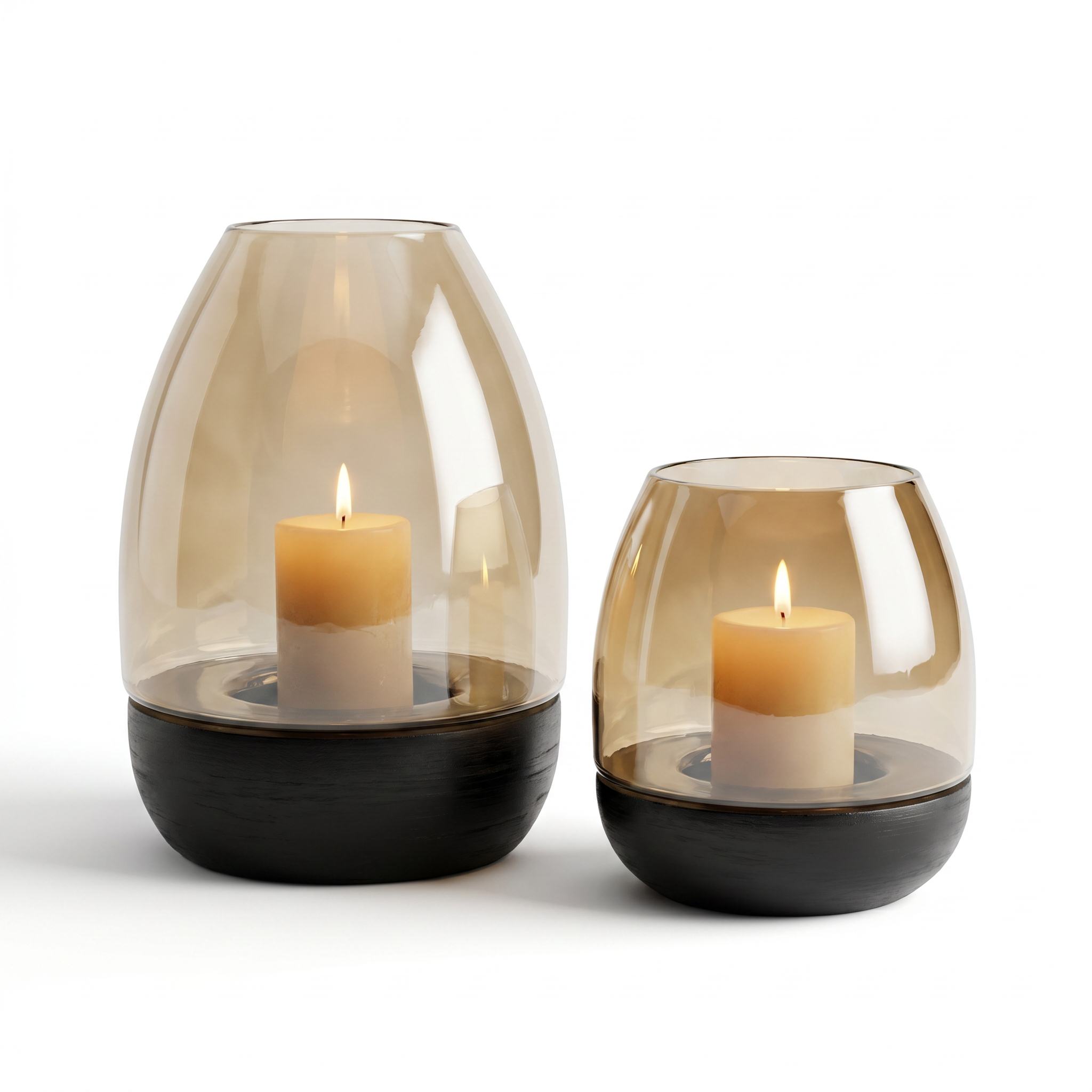 (Set of 2) Hurricane Table Candle Stand | Wooden | Brown Glass (L- 19.5x19.5x29cm; S- 15x15x18cm)