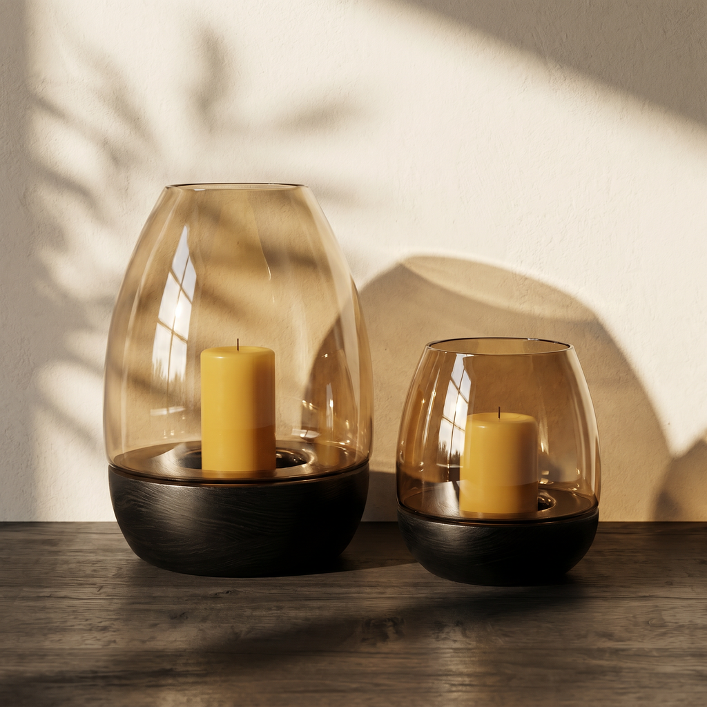 (Set of 2) Hurricane Table Candle Stand | Wooden | Brown Glass (L- 19.5x19.5x29cm; S- 15x15x18cm)