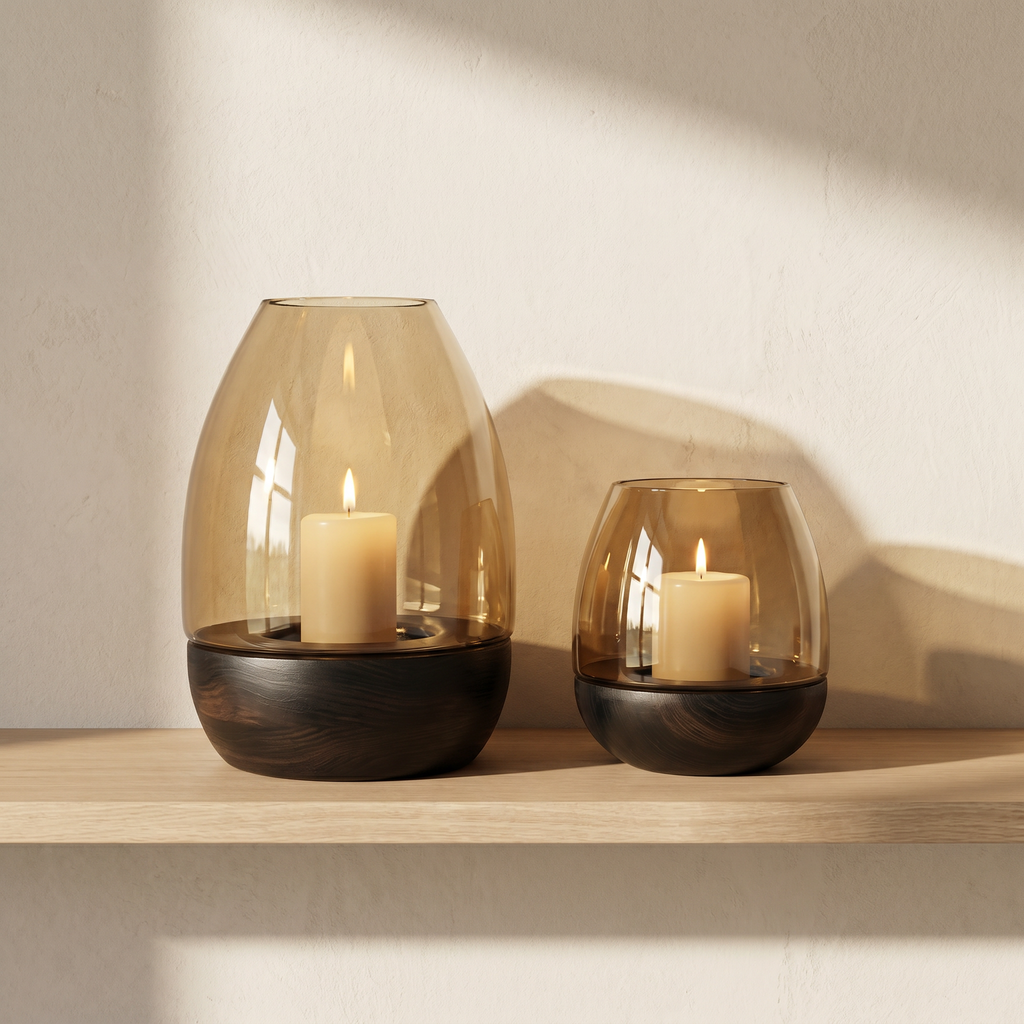 (Set of 2) Hurricane Table Candle Stand | Wooden | Brown Glass (L- 19.5x19.5x29cm; S- 15x15x18cm)