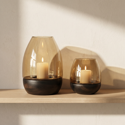 (Set of 2) Hurricane Table Candle Stand | Wooden | Brown Glass (L- 19.5x19.5x29cm; S- 15x15x18cm)