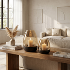 (Set of 2) Hurricane Table Candle Stand | Wooden | Brown Glass (L- 19.5x19.5x29cm; S- 15x15x18cm)