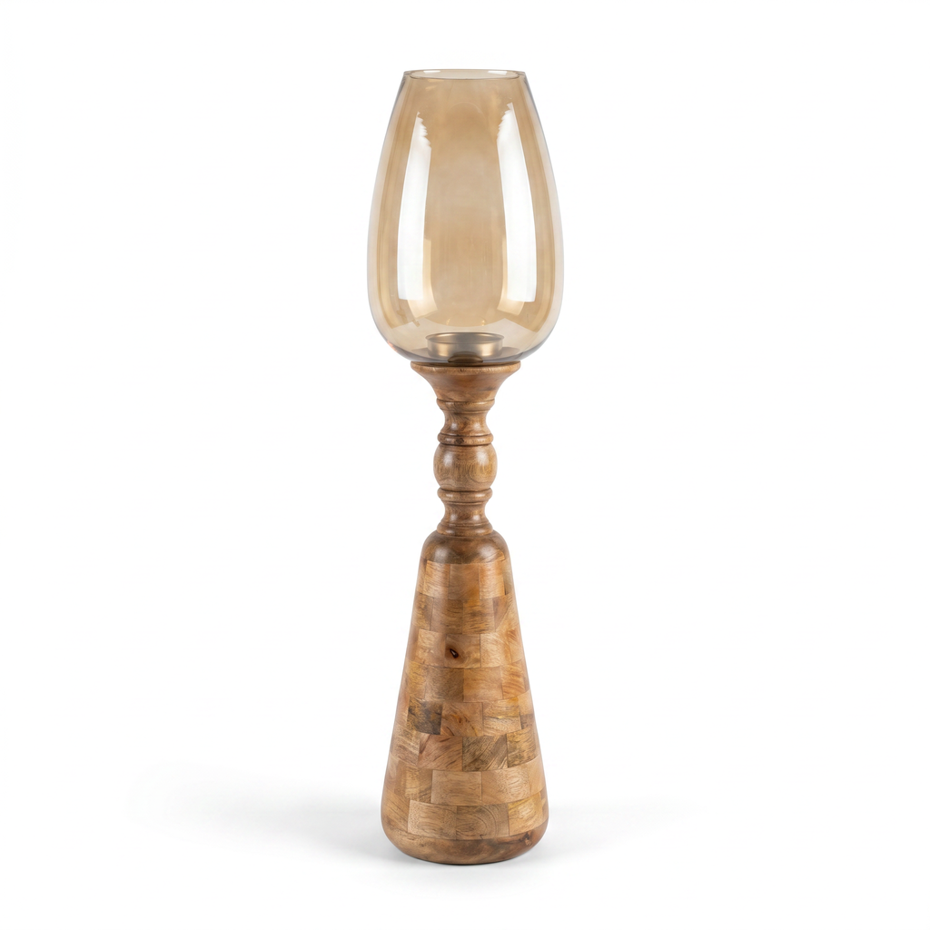 Hurricane Candle Stand (Medium) | Wooden | Brown Glass 83x17.5x17.5cm