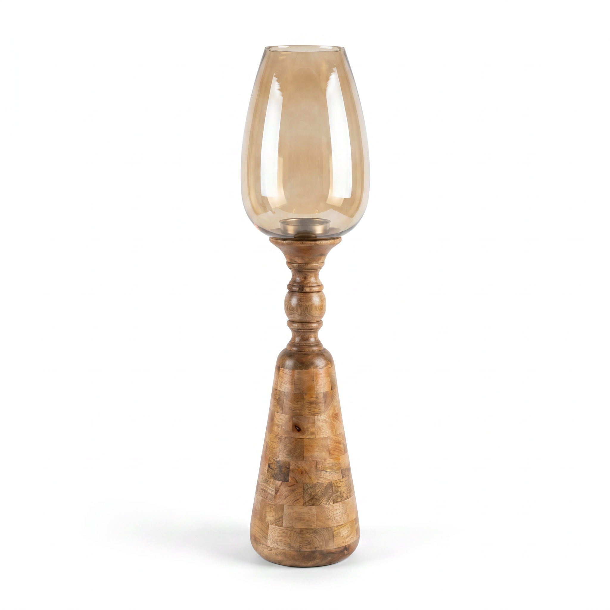 Hurricane Candle Stand (Medium) | Wooden | Brown Glass 83x17.5x17.5cm