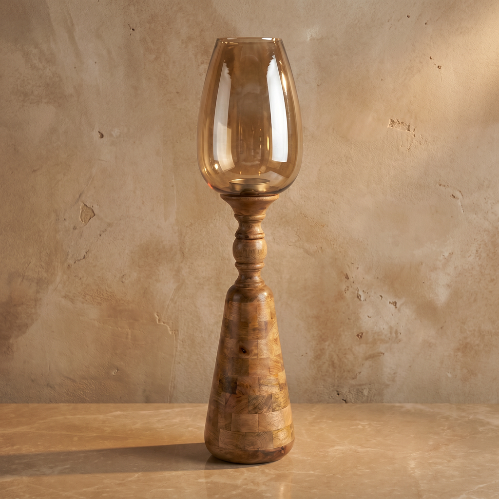 Hurricane Candle Stand (Medium) | Wooden | Brown Glass 83x17.5x17.5cm