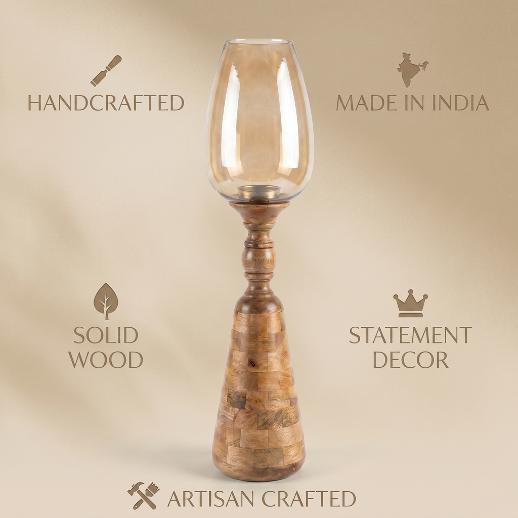 Hurricane Candle Stand (Medium) | Wooden | Brown Glass 83x17.5x17.5cm