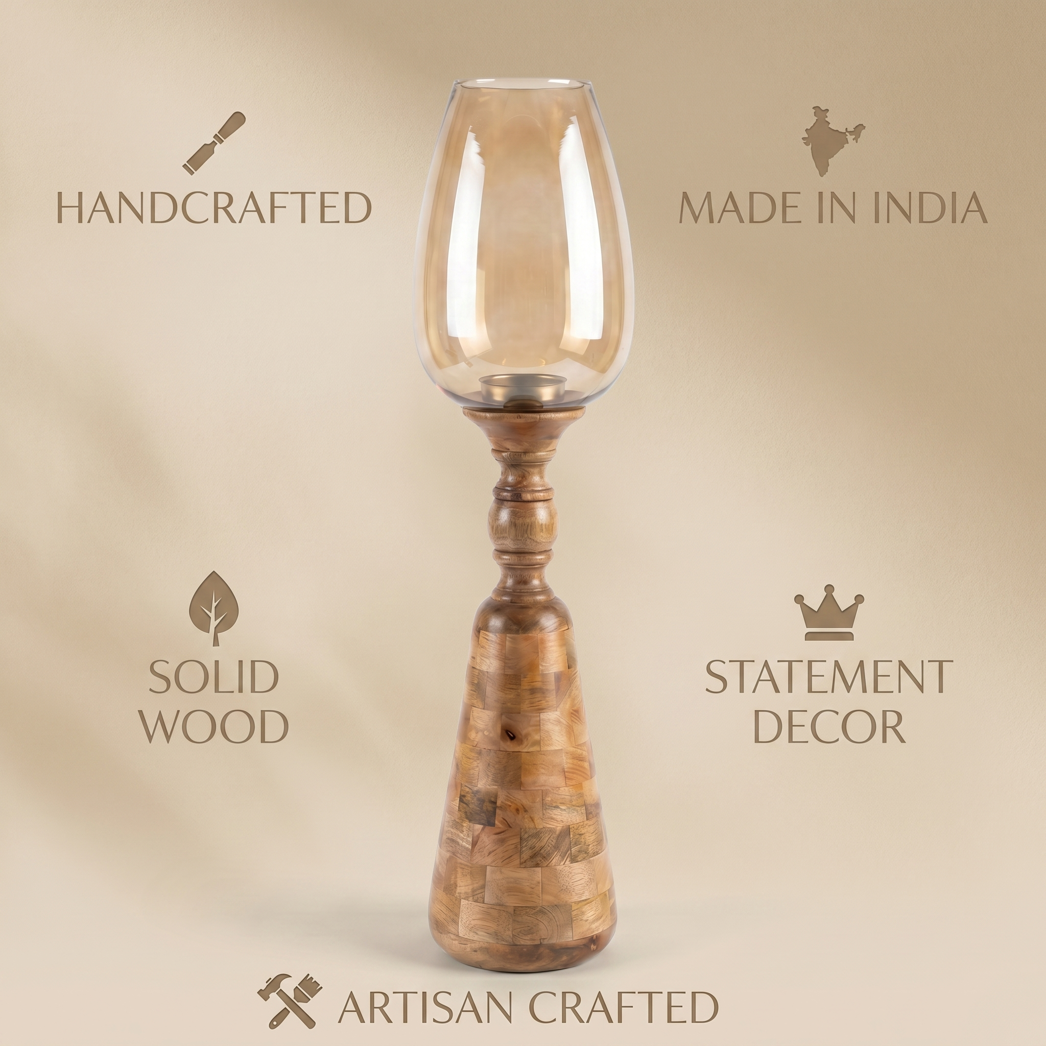 Hurricane Candle Stand (Medium) | Wooden | Brown Glass 83x17.5x17.5cm