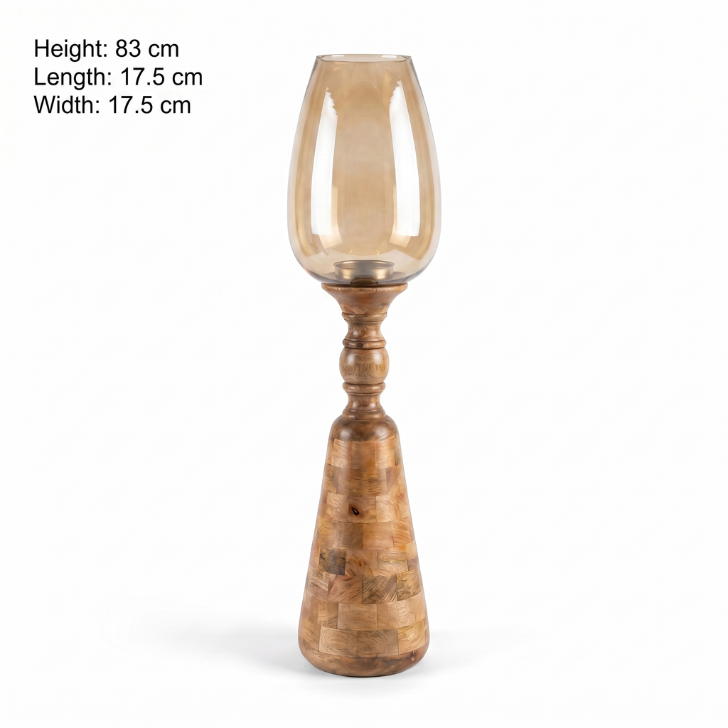 Hurricane Candle Stand (Medium) | Wooden | Brown Glass 83x17.5x17.5cm
