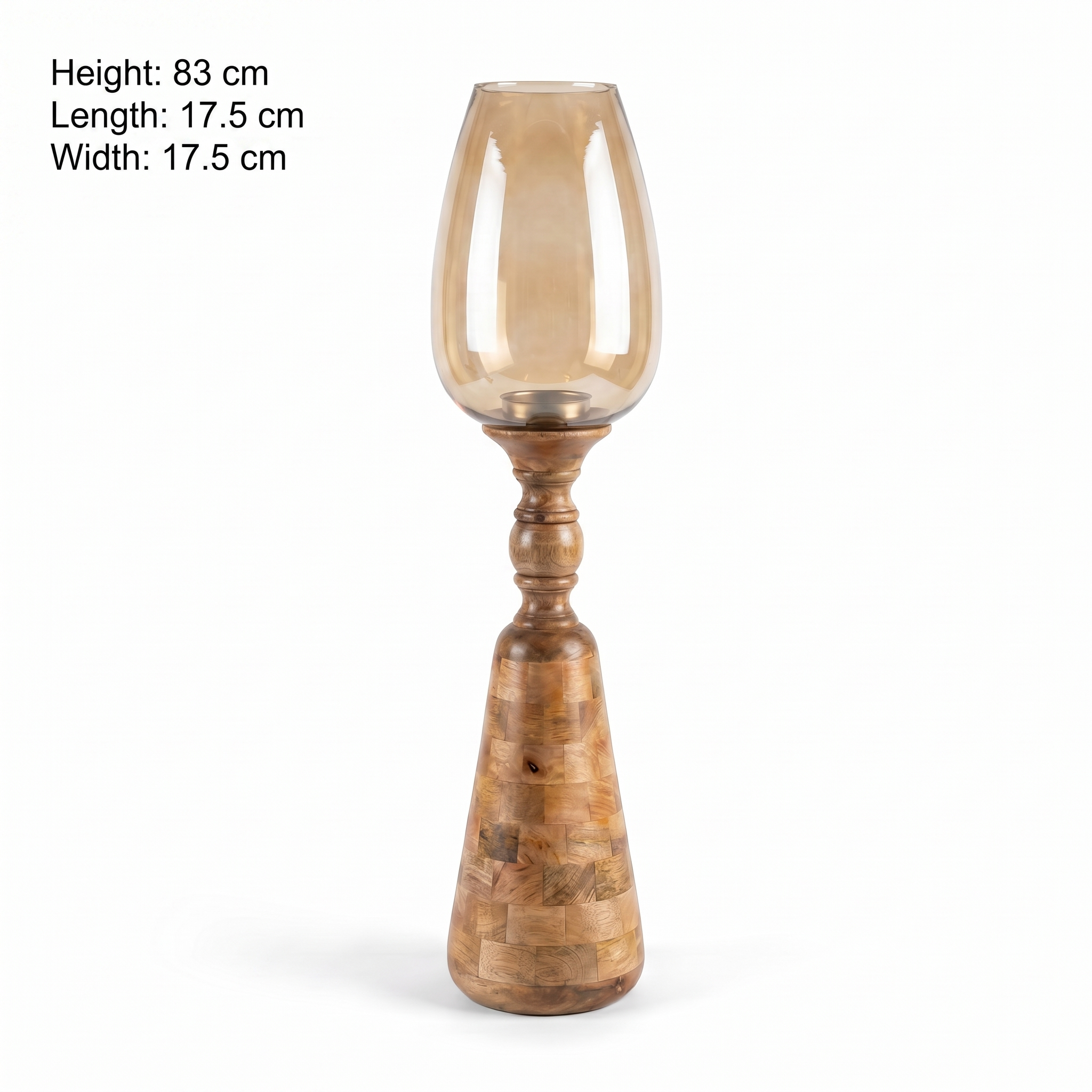 Hurricane Candle Stand (Medium) | Wooden | Brown Glass 83x17.5x17.5cm