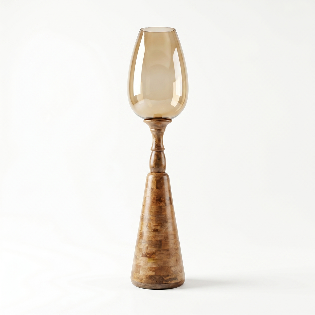 Hurricane Candle Stand (Large) | Wooden | Brown Glass 102x25x25cm