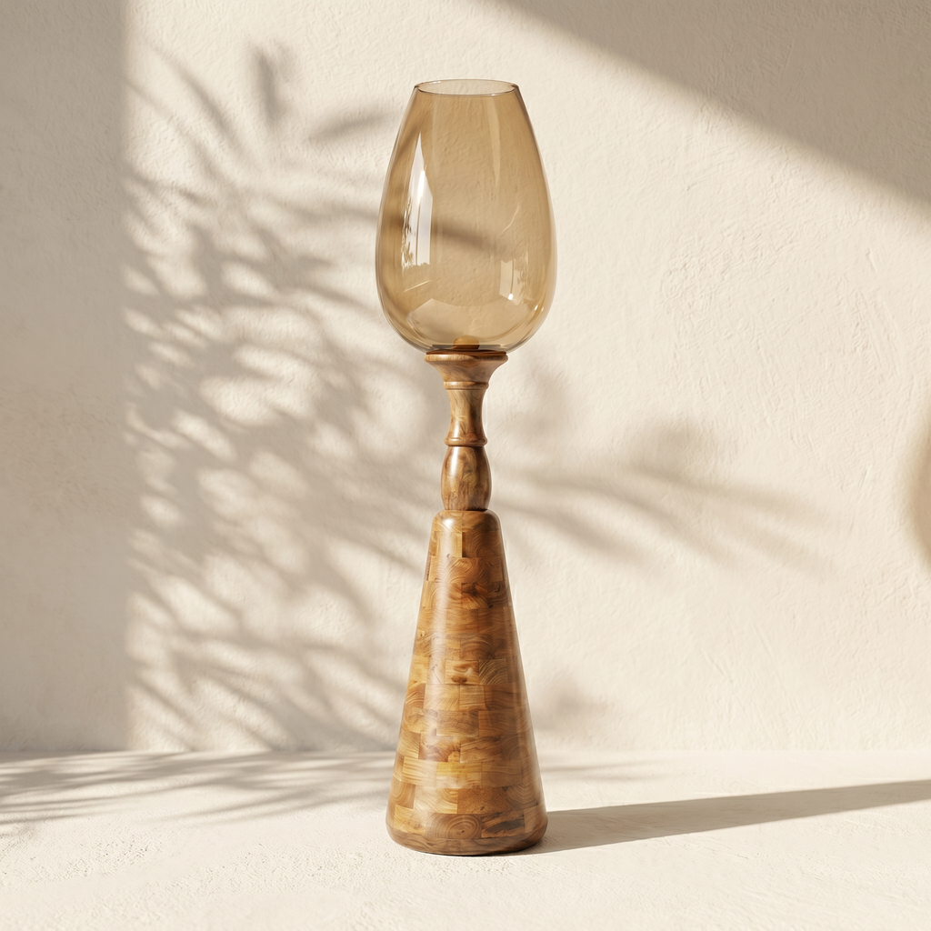 Hurricane Candle Stand (Large) | Wooden | Brown Glass 102x25x25cm