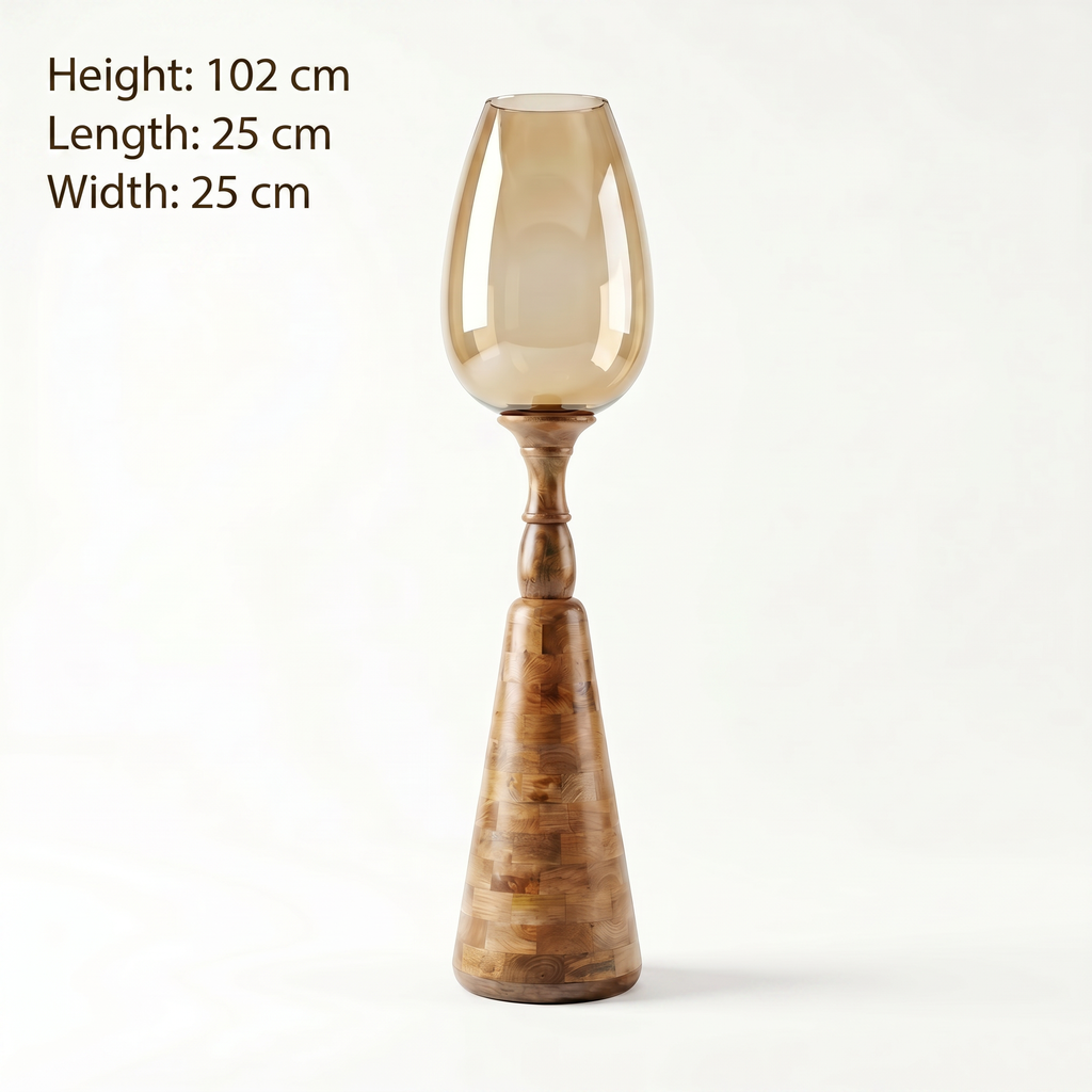 Hurricane Candle Stand (Large) | Wooden | Brown Glass 102x25x25cm