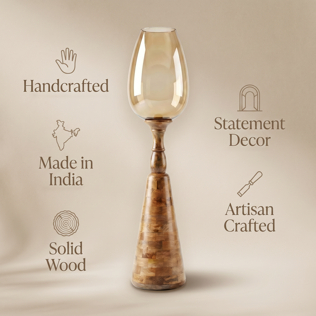Hurricane Candle Stand (Large) | Wooden | Brown Glass 102x25x25cm