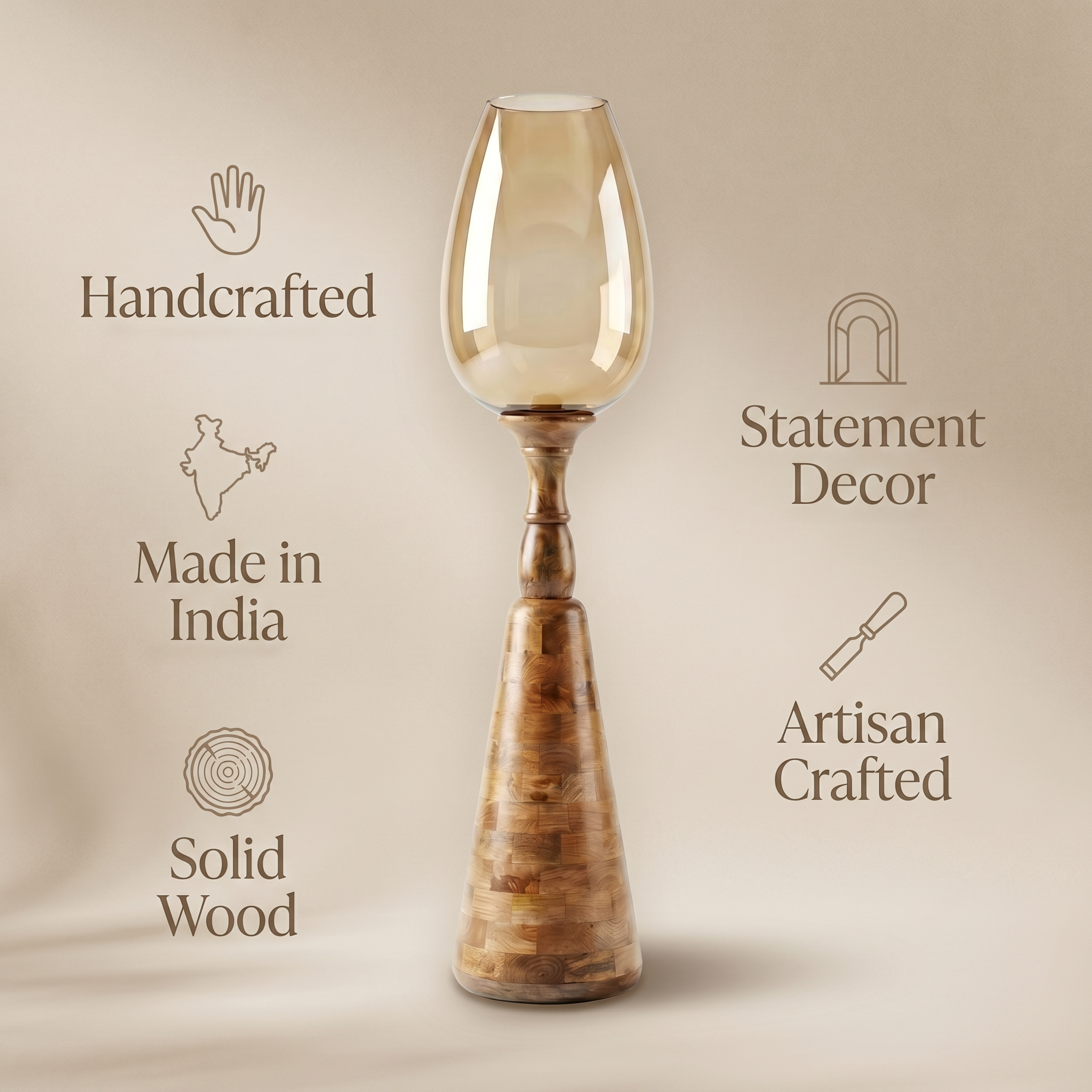 Hurricane Candle Stand (Large) | Wooden | Brown Glass 102x25x25cm