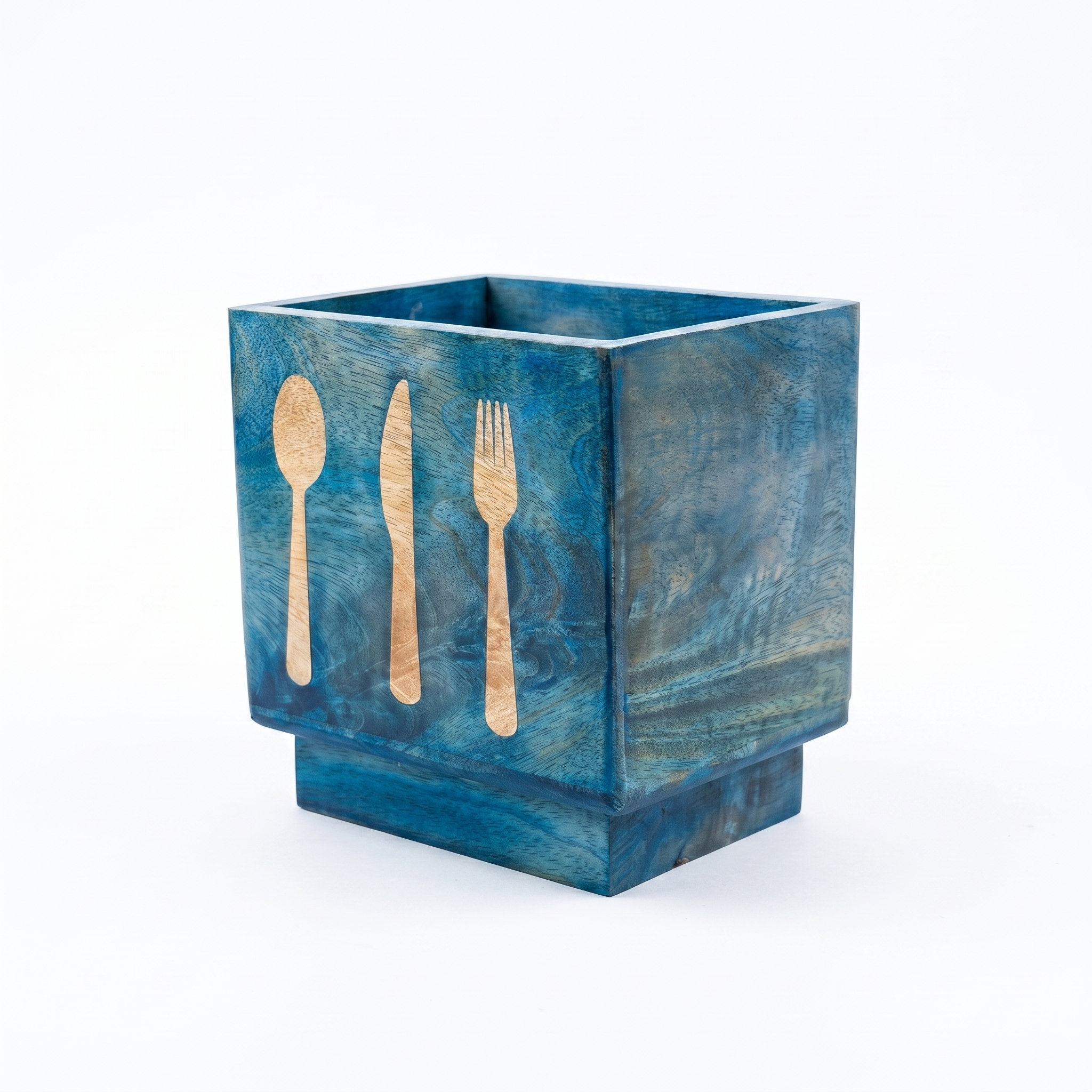 Wooden Cutlery Holder | Brushed Blue Finish | 6.5x4.5x6.25 inch