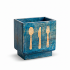 Wooden Cutlery Holder | Brushed Blue Finish | 6.5x4.5x6.25 inch