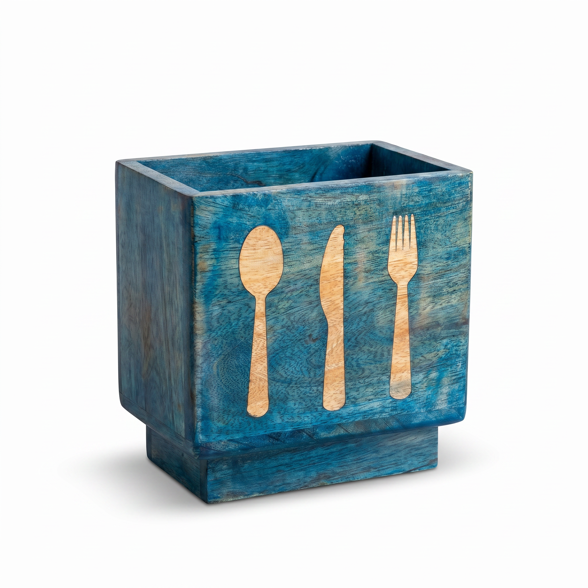 Wooden Cutlery Holder | Brushed Blue Finish | 6.5x4.5x6.25 inch