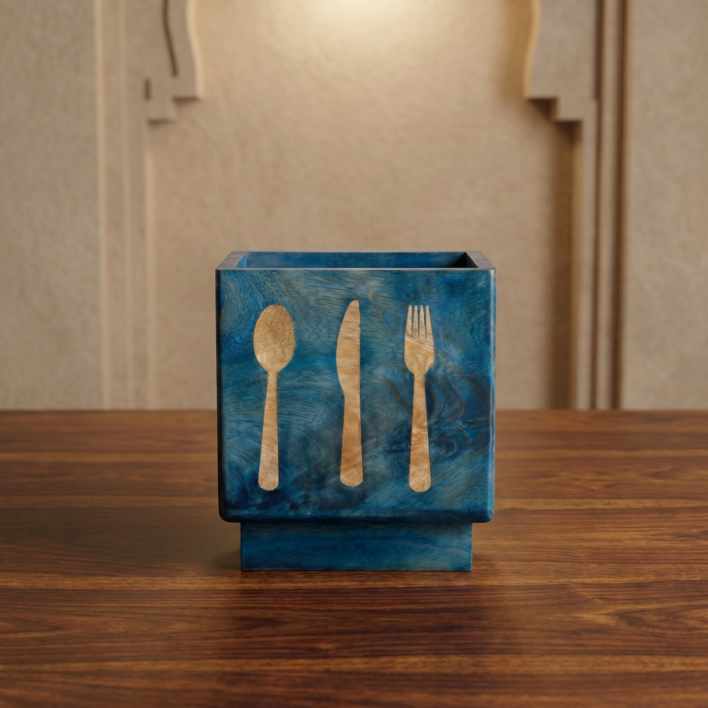 Wooden Cutlery Holder | Brushed Blue Finish | 6.5x4.5x6.25 inch