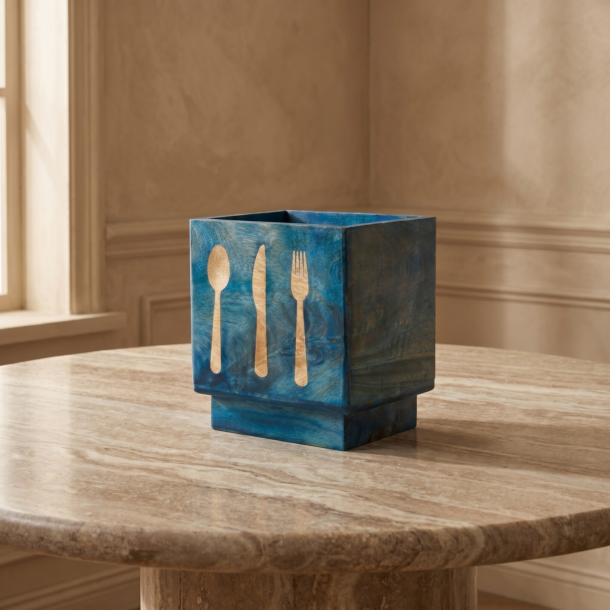 Wooden Cutlery Holder | Brushed Blue Finish | 6.5x4.5x6.25 inch