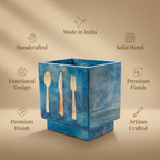 Wooden Cutlery Holder | Brushed Blue Finish | 6.5x4.5x6.25 inch