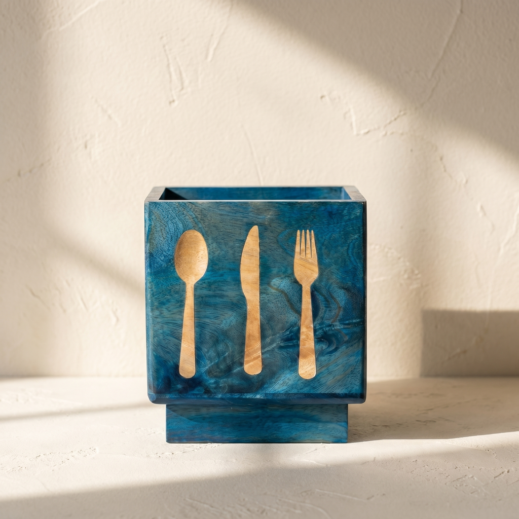 Wooden Cutlery Holder | Brushed Blue Finish | 6.5x4.5x6.25 inch