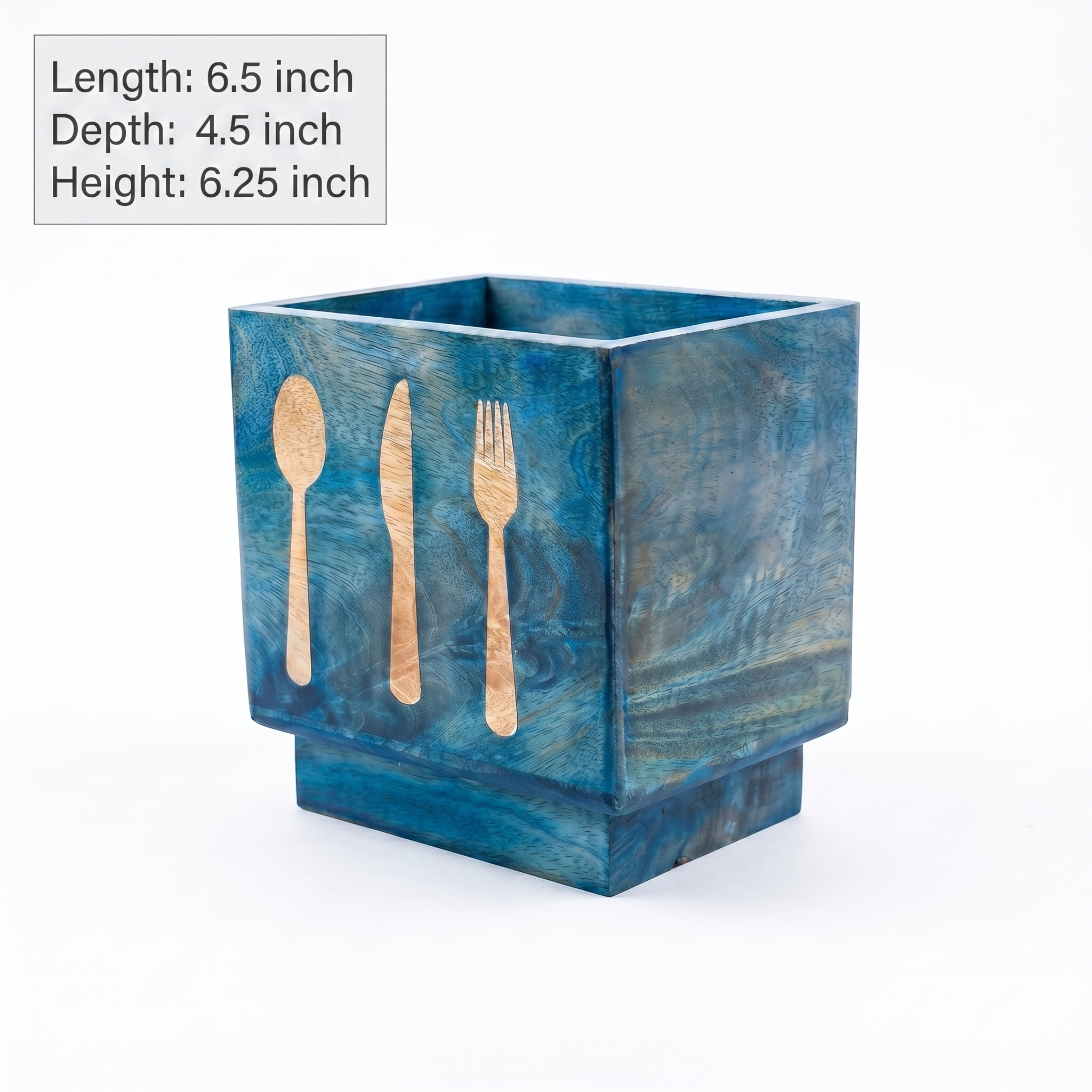 Wooden Cutlery Holder | Brushed Blue Finish | 6.5x4.5x6.25 inch