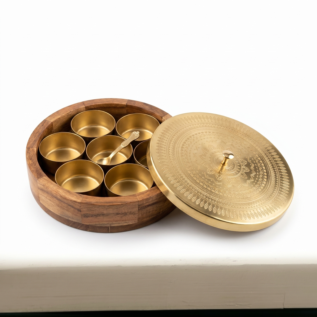 Geometric Design Premium Masala Dani | Wooden Base- Metal top | 9x9x3inch
