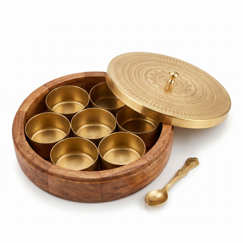 Geometric Design Premium Masala Dani | Wooden Base- Metal top | 9x9x3inch