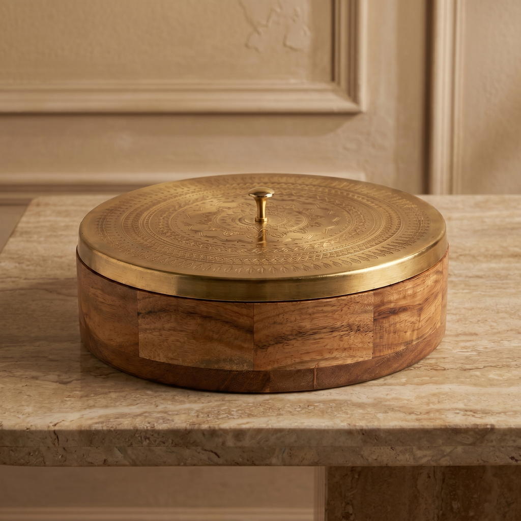 Geometric Design Premium Masala Dani | Wooden Base- Metal top | 9x9x3inch