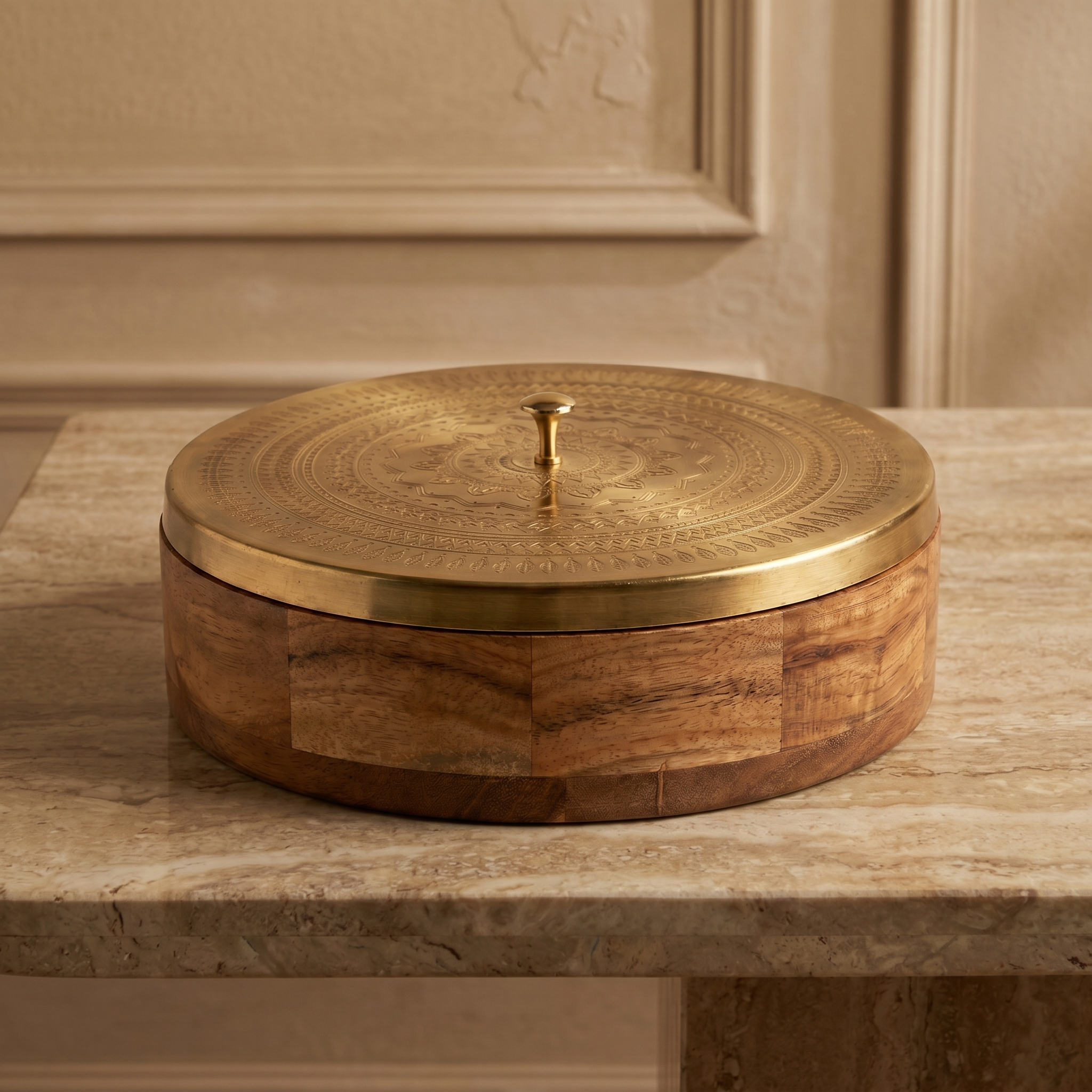 Geometric Design Premium Masala Dani | Wooden Base- Metal top | 9x9x3inch
