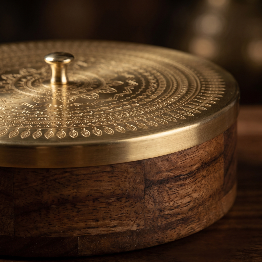 Geometric Design Premium Masala Dani | Wooden Base- Metal top | 9x9x3inch