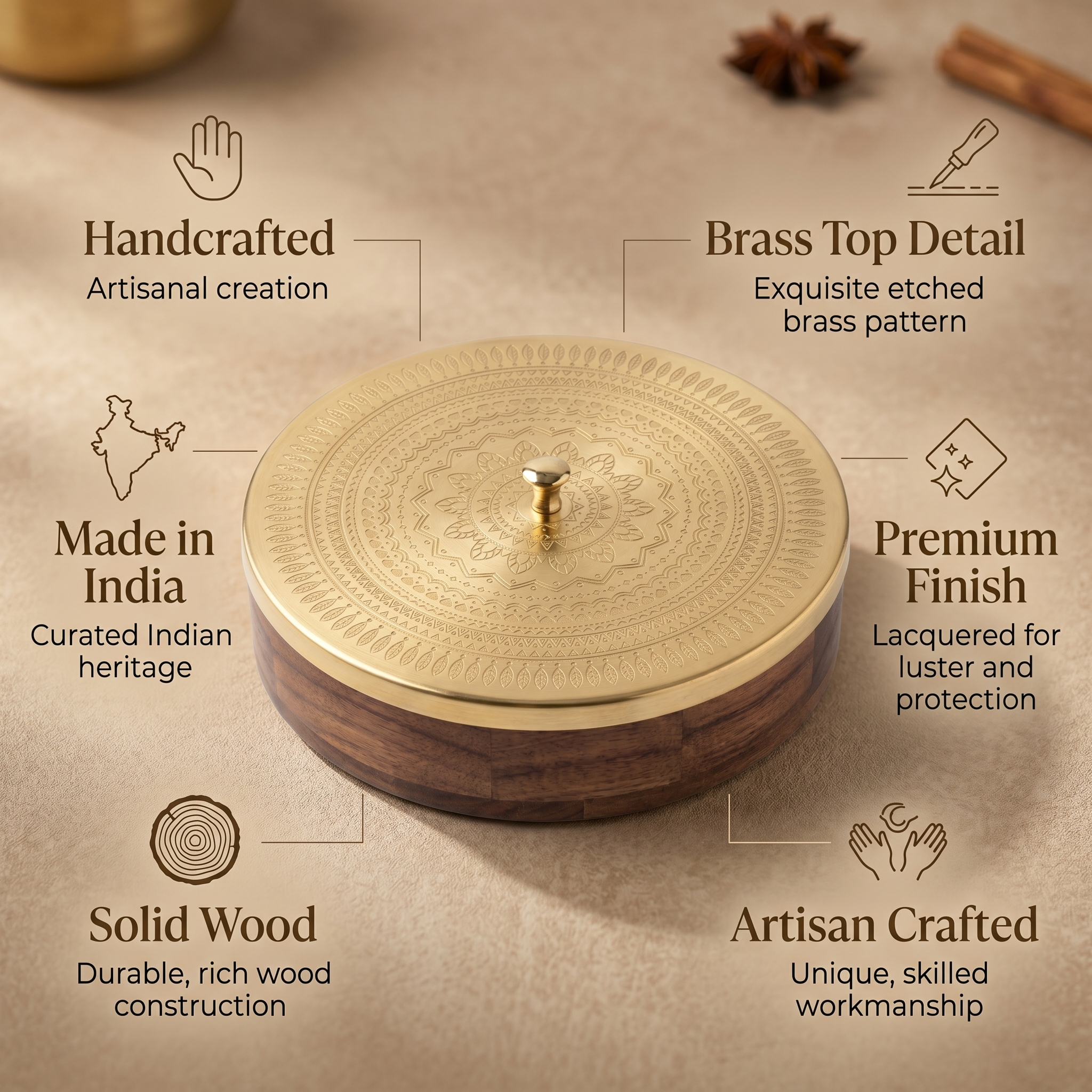 Geometric Design Premium Masala Dani | Wooden Base- Metal top | 9x9x3inch