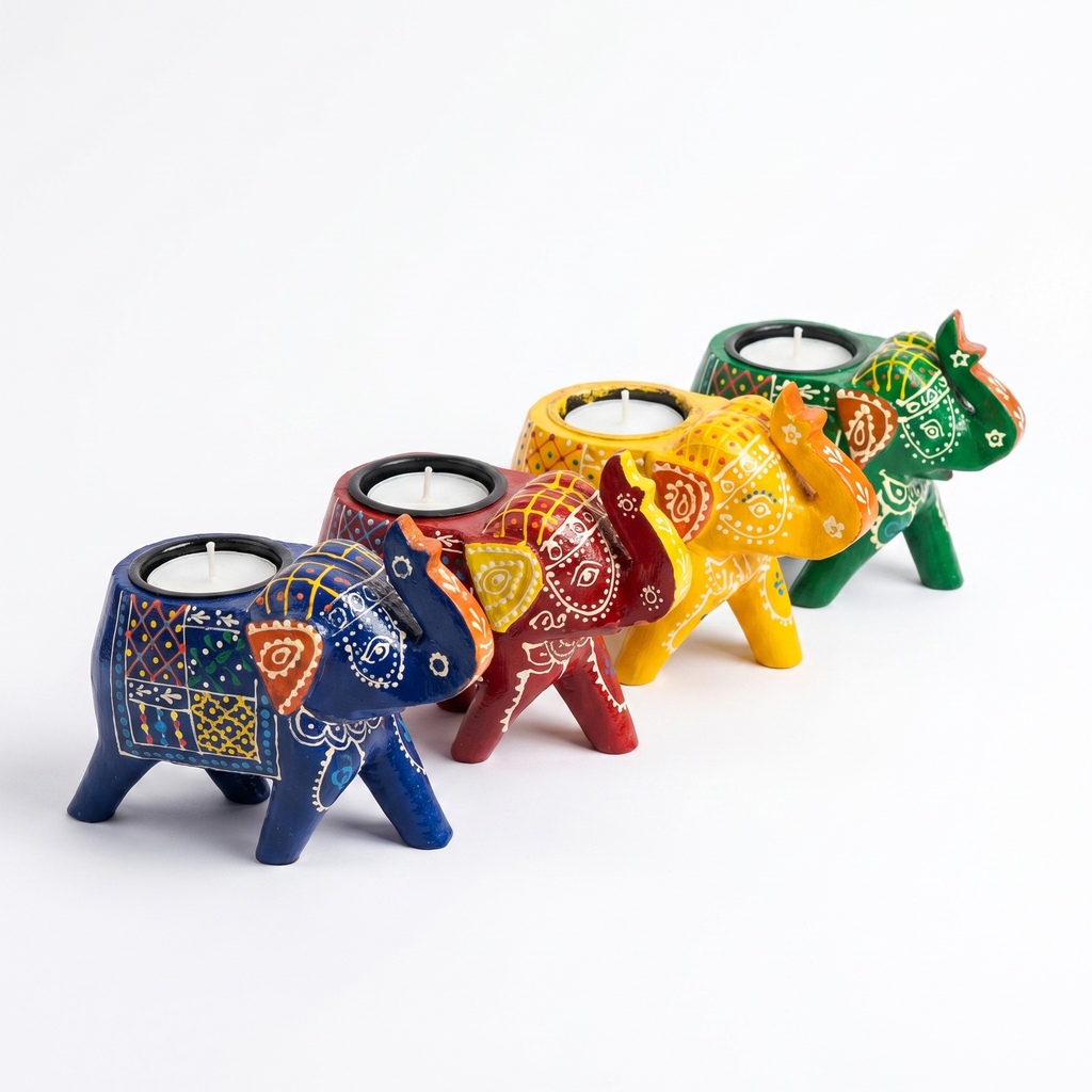 (Set of 4) Wooden Elephant Tea-Light holders | Assorted & Handpainted