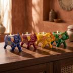 (Set of 4) Wooden Elephant Tea-Light holders | Assorted & Handpainted