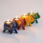 (Set of 4) Wooden Elephant Tea-Light holders | Assorted & Handpainted