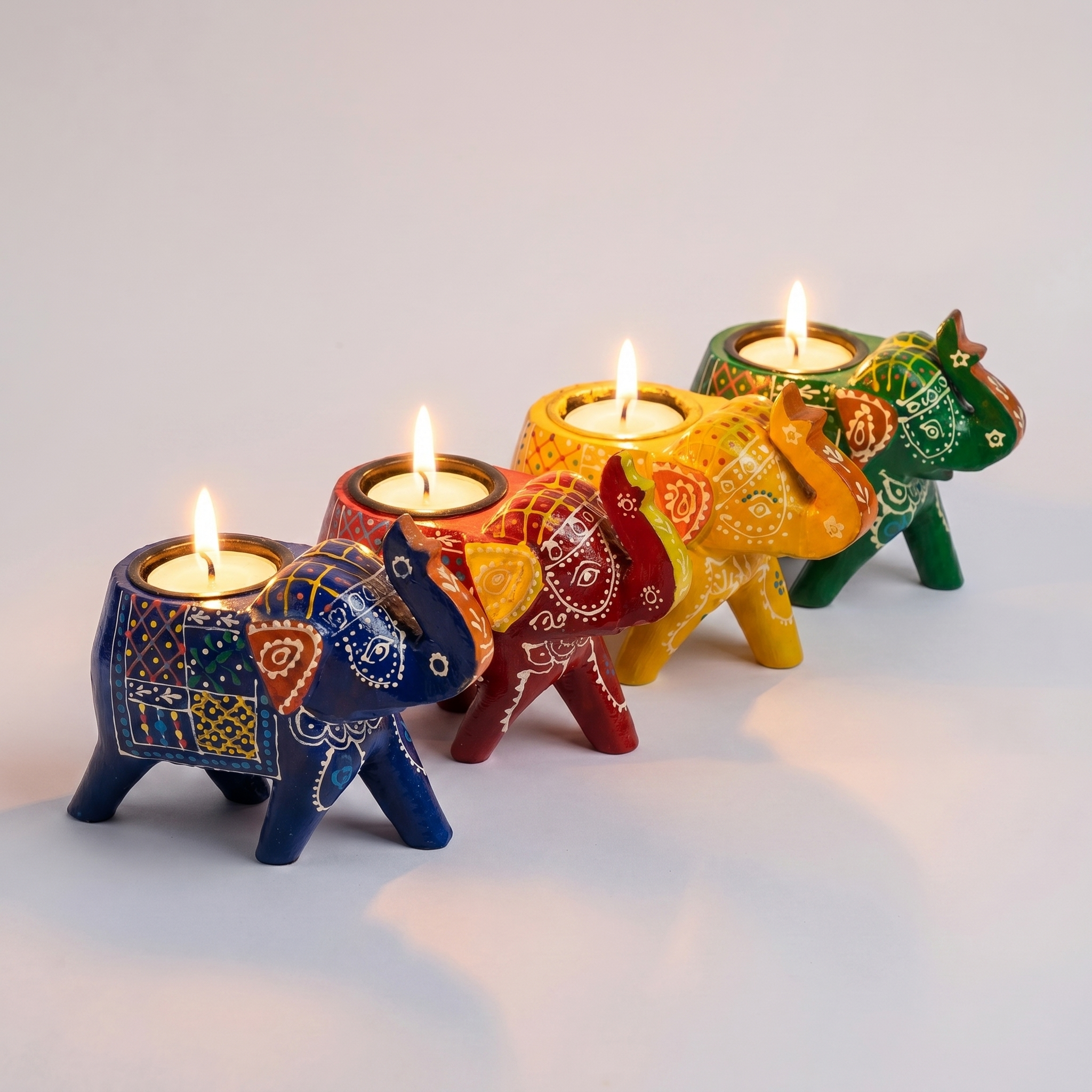 (Set of 4) Wooden Elephant Tea-Light holders | Assorted & Handpainted