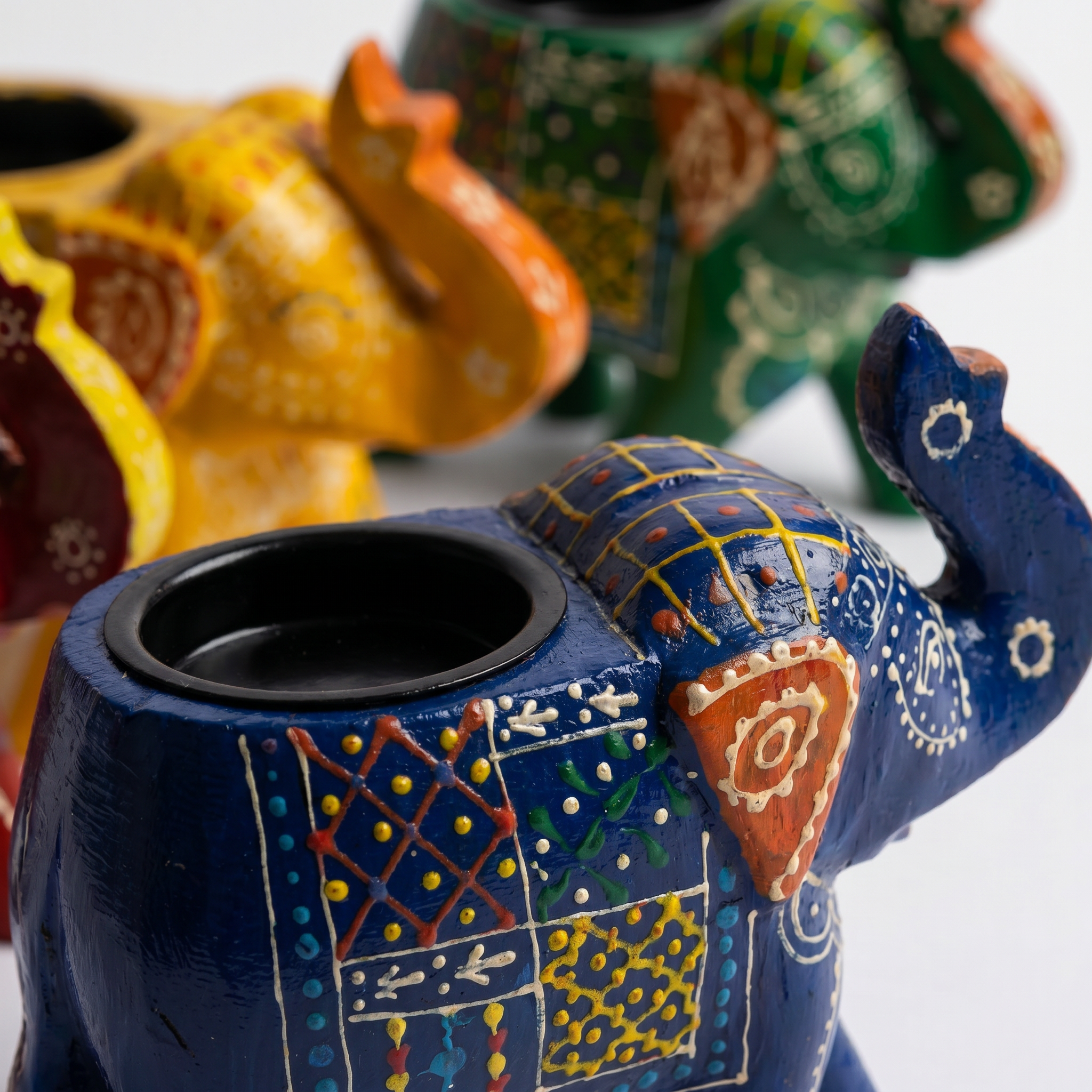 (Set of 4) Wooden Elephant Tea-Light holders | Assorted & Handpainted