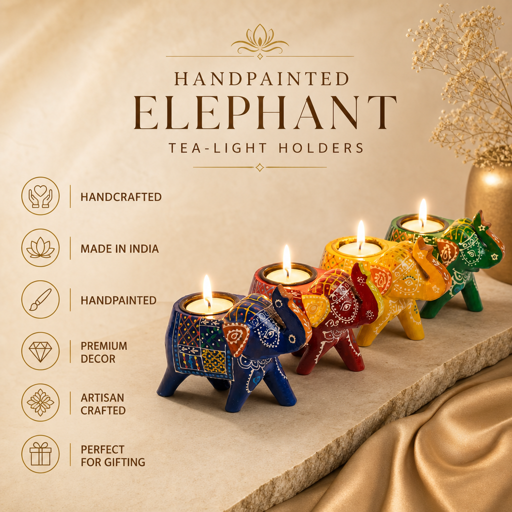 (Set of 4) Wooden Elephant Tea-Light holders | Assorted & Handpainted