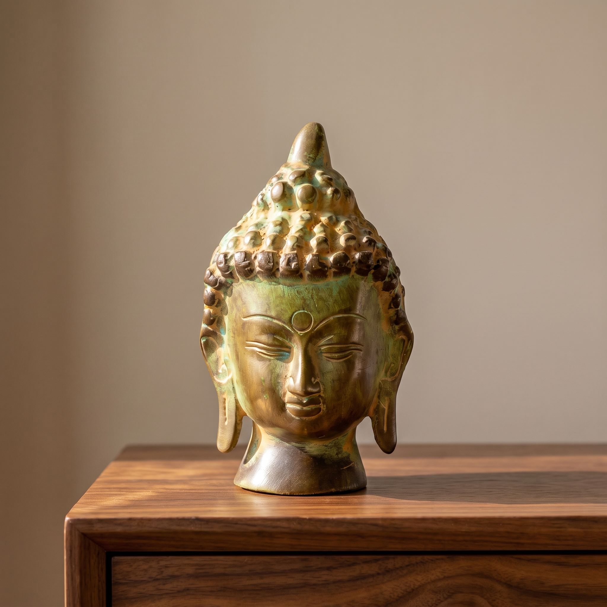 Brass Buddha Face | Distress Dark Green finish | 4 Inch