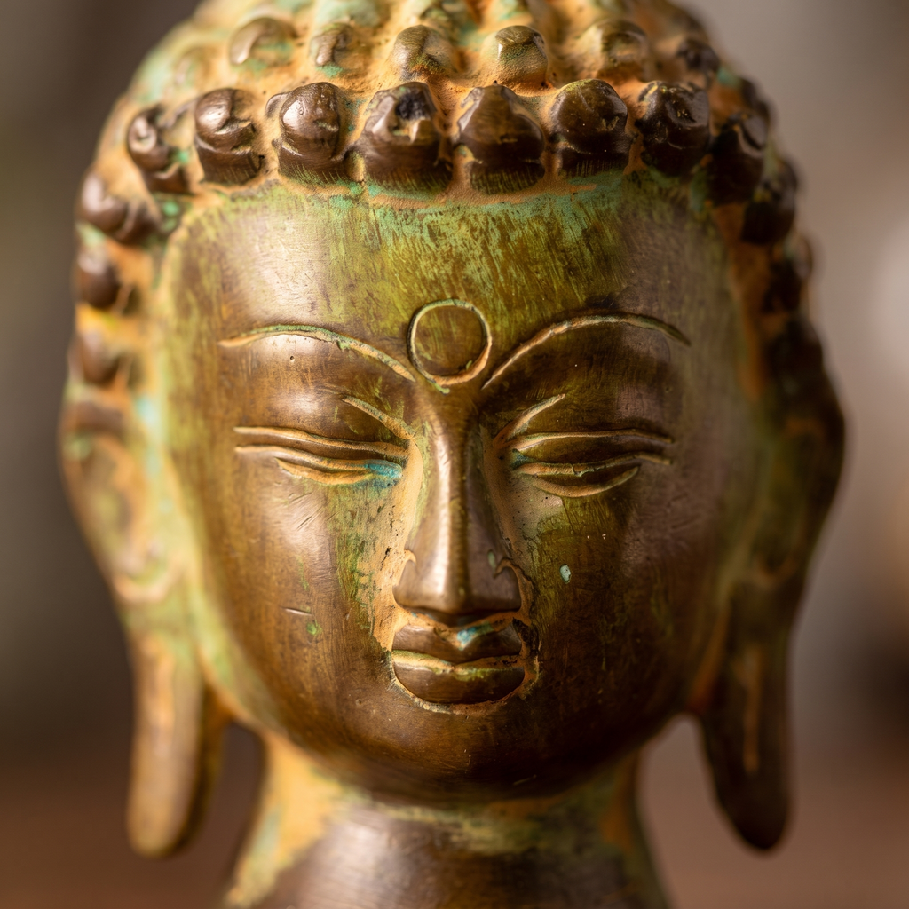 Brass Buddha Face | Distress Dark Green finish | 4 Inch