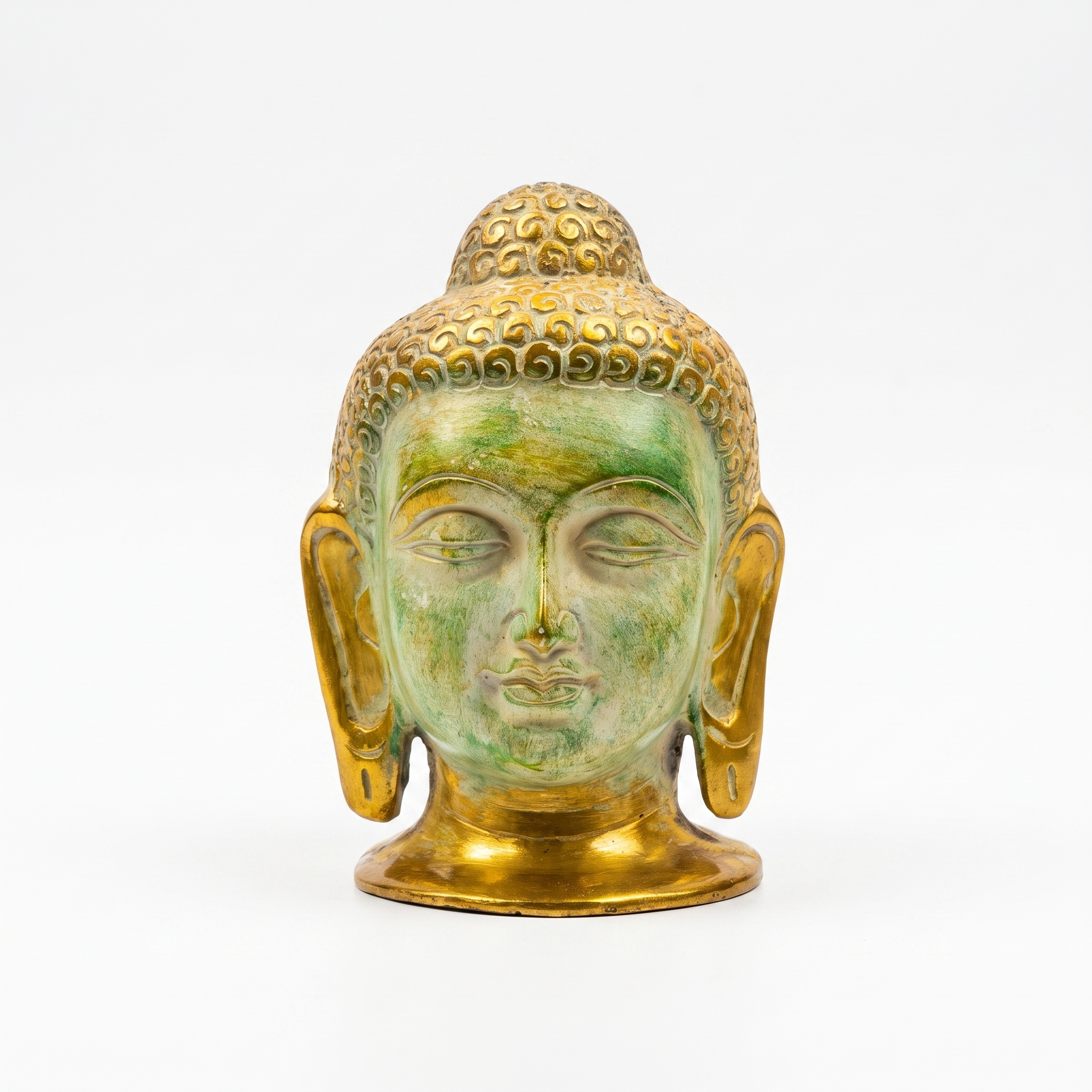Brass Buddha Face | Distress Stone Green finish | 6 Inch