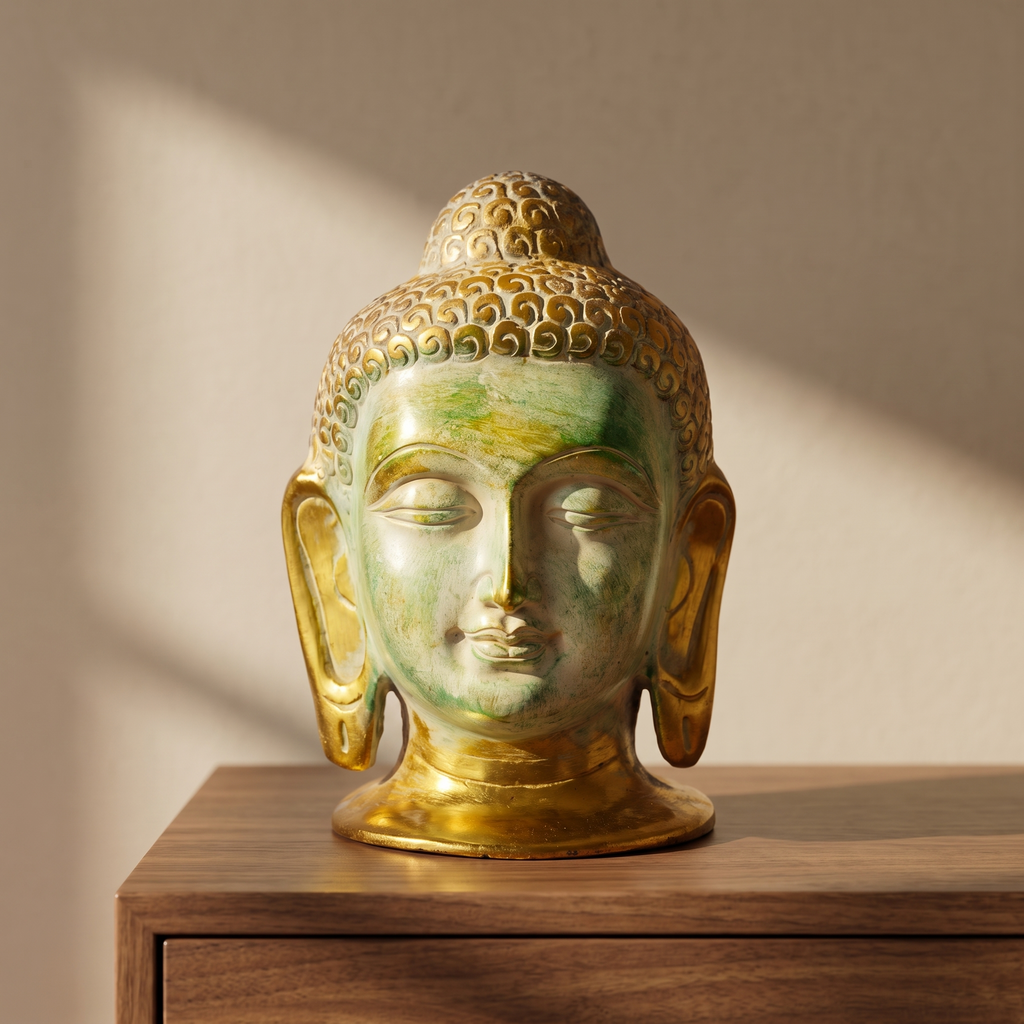 Brass Buddha Face | Distress Stone Green finish | 6 Inch